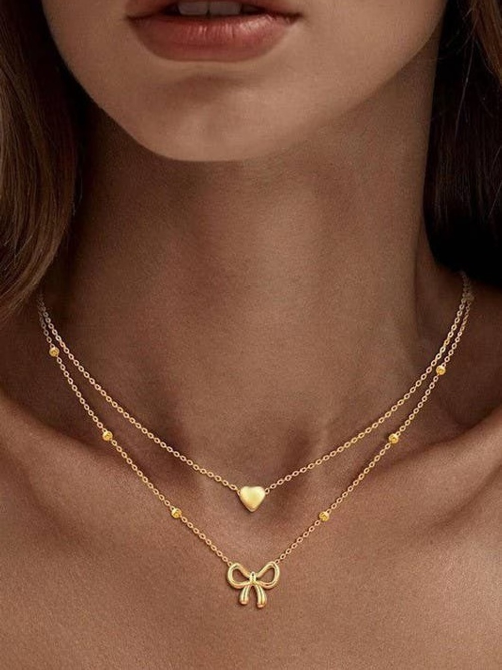 Waterproof Tarnish Free Layered Gold Heart & Bow Necklace